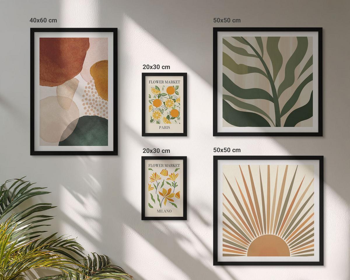BILDER SET 5er Set - 50x50 cm & 20x30 cm & 40x60 cm Schwarzer Rahmen - Abstrakte Blumenmotive - Schwarz, Kunststoff (40/60cm) - TULUP