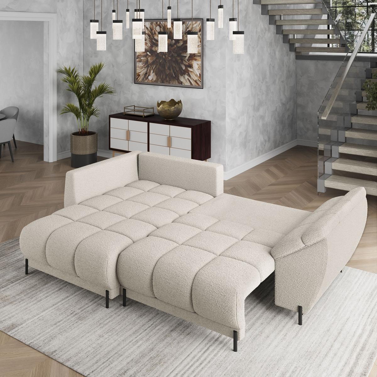 ECKSOFA VESTANO L-S Creme Boucle-Stoff mit Schlaffunktion - Creme, Holz (287/182cm) - MASSENO