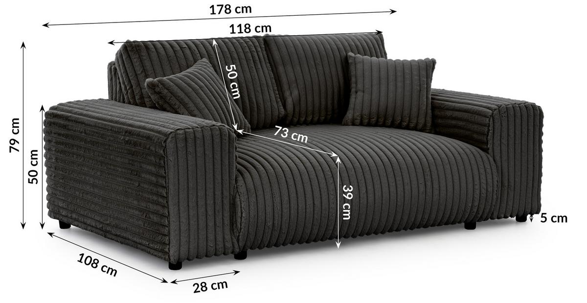 2-SITZER-SOFA Mollis Dunkelgrau Plüschcord - Dunkelgrau/Schwarz, Holz/Kunststoff (178/79/108cm) - S-Style Möbel