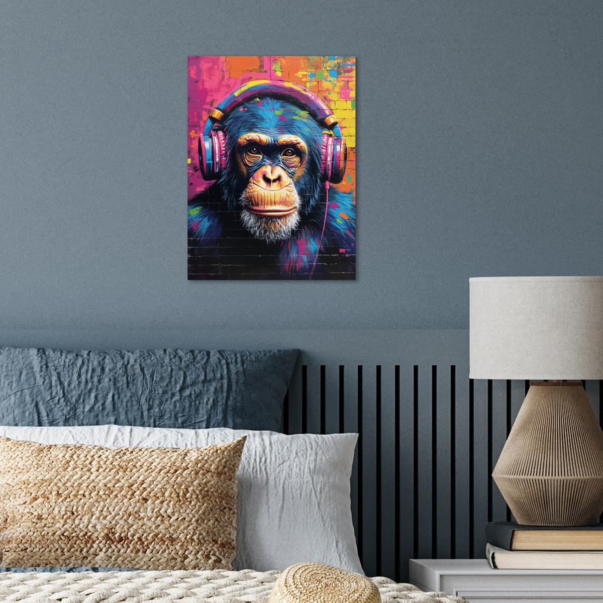 POSTER Graffiti - Schimpanse - Straßenkunst - Kopfhörer - Affe Wandbilder 30x40 cm - Blau, Papier (30/40/0.1cm) - MuchoWow