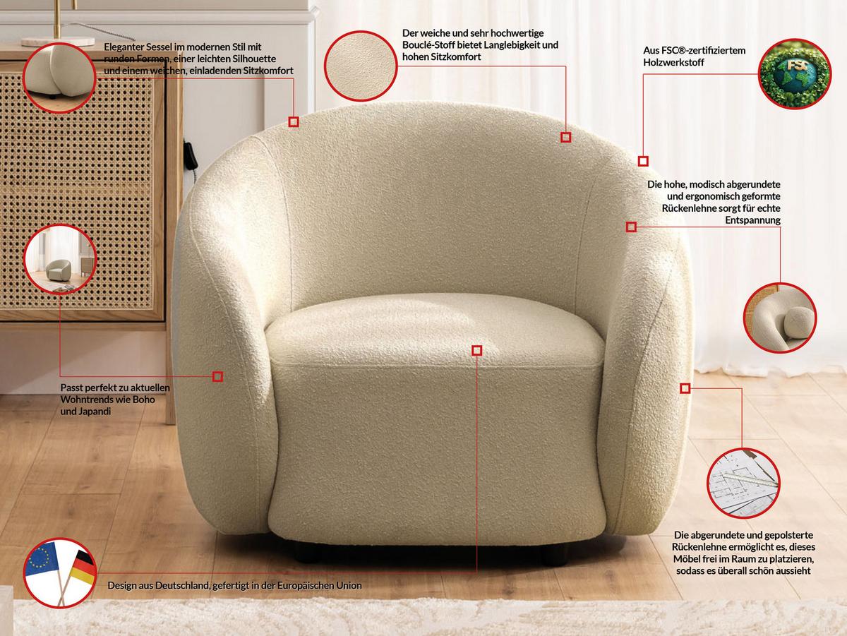 SESSEL Roundi Beige Bouclé - Beige/Schwarz, Holz/Kunststoff (90/76/80cm) - S-Style Möbel
