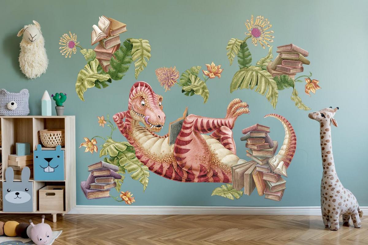 WANDAUFKLEBER 100x149cm - Dino der Leser - Multicolor, Kunststoff (100/149/0.1cm) - Wallfluent