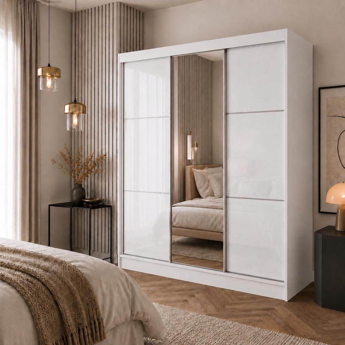 SCHWEBETÜRENSCHRANK Viva 180/216/61 Weiß mit Lacobel-Glas - Weiß, Holzwerkstoff (180/216/61cm) - Beautysofa