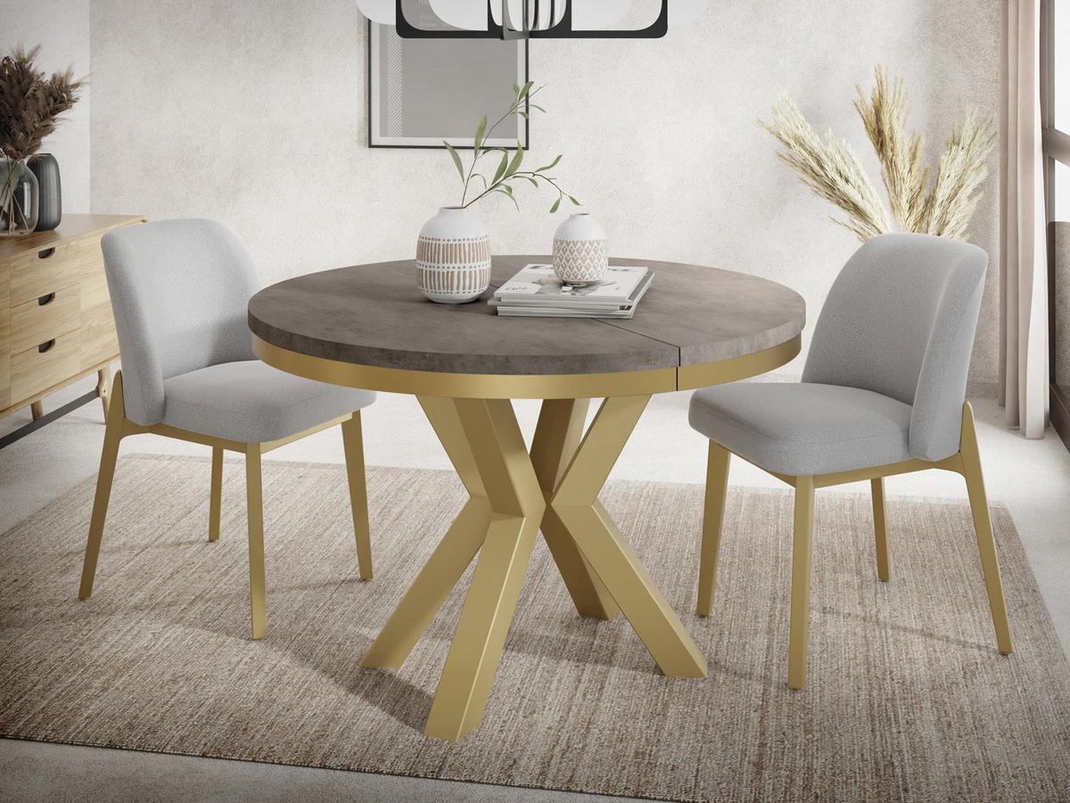 ESSTISCH Clara Gold runder ausziehbarer, Dunkelgrauer Chicago Beton 100-180/100/76 cm - Dunkelgrau/Goldfarben, Holzwerkstoff/Metall (100/176/76cm) - WFL GROUP