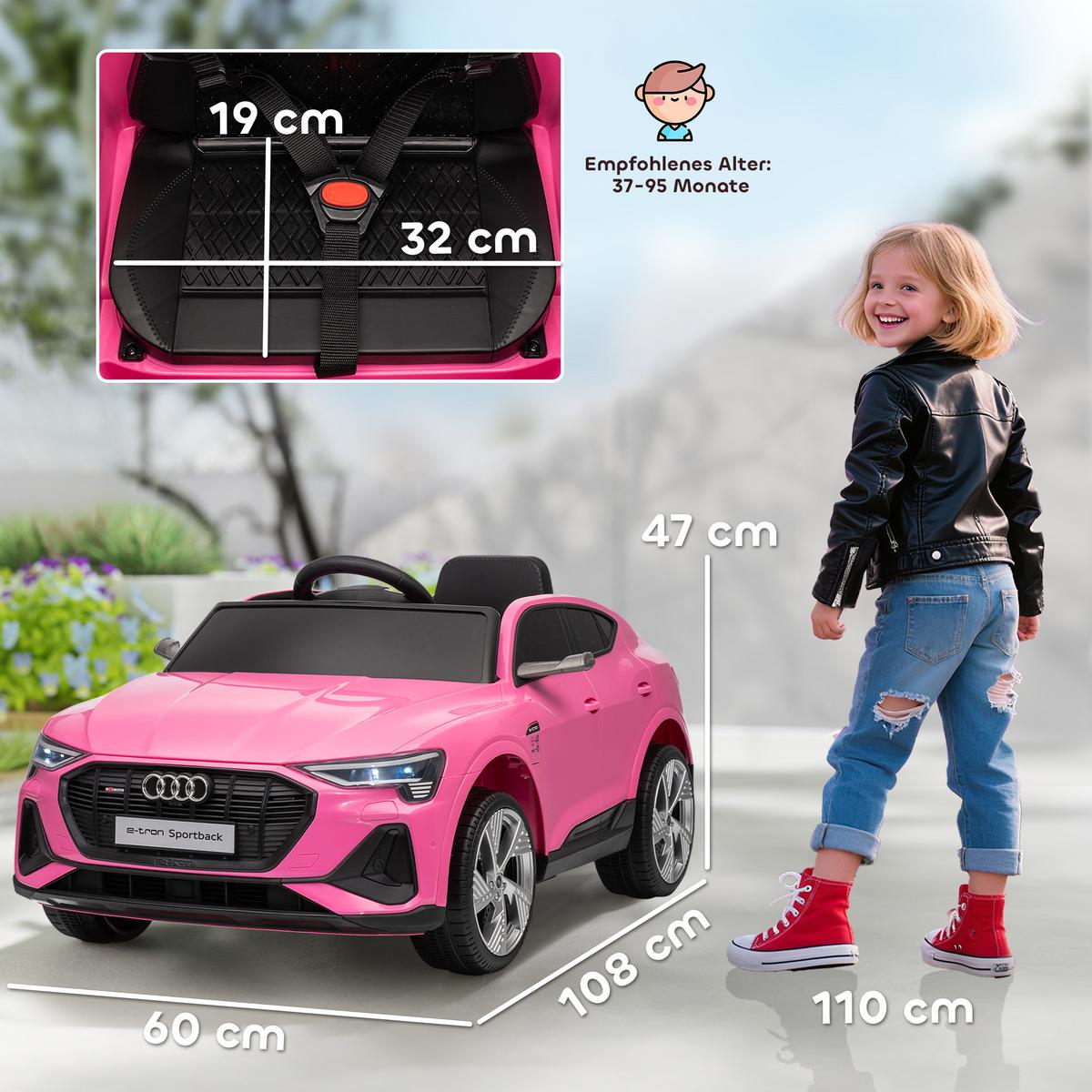 KINDER-ELEKTROAUTO 12V-Doppelmotor Hupe, Musik, LED-Scheinwerfer, Rücklichter ab 3 Jahre Rosa - Rosa, Metall (108/60/47cm) - HOMCOM