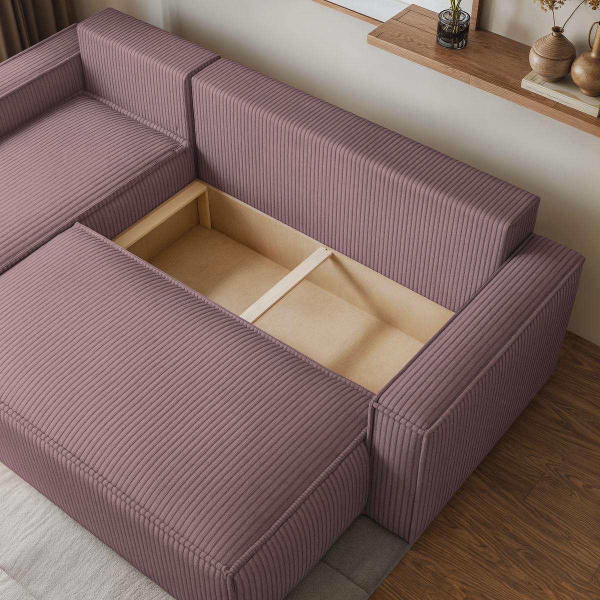 ECKSOFA RAVELO P Lila Kordstoff mit Schlaffunktion - Lila/Grau, Holz/Kunststoff (240/140cm) - MASSENO