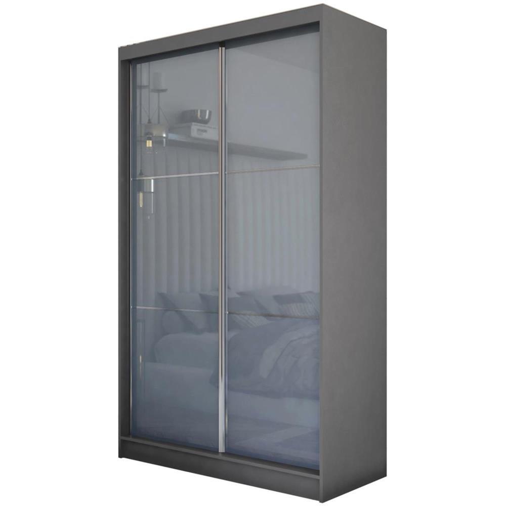 SCHWEBETÜRENSCHRANK Viva 150/216/61 graphit mit Lacobel-Glas und Schubladeneinsätze - Graphitfarben, Holzwerkstoff (150/216/61cm) - Beautysofa
