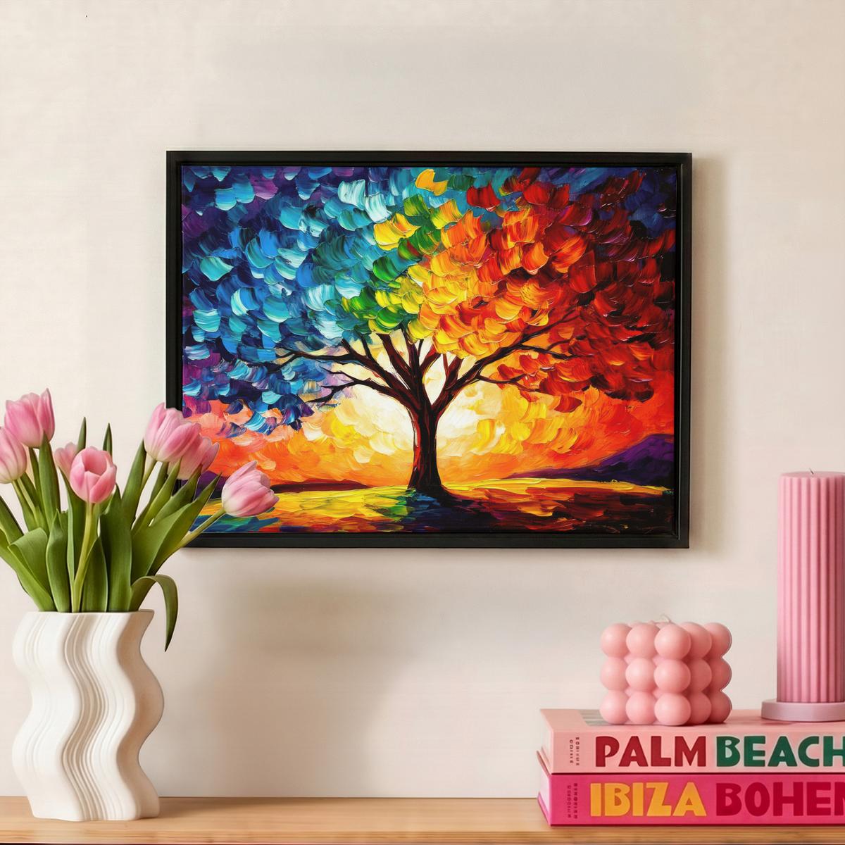 LEINWAND Bilder mit Rahmen - Baum - Kunst - Natur - Sonnenuntergang - 40x30 - Multicolor, Textil (40/30cm) - MuchoWow