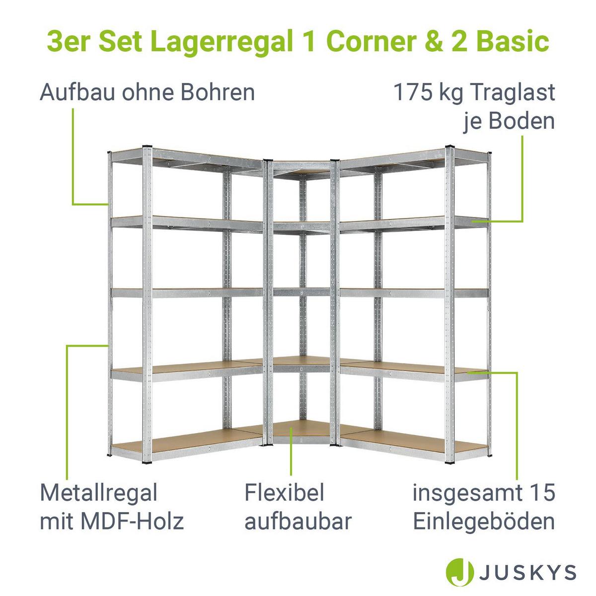 REGALSYSTEM Basic silber insgesamt 15 Böden (3er-Set) - Silberfarben, Metall (160/180/160cm) - Juskys