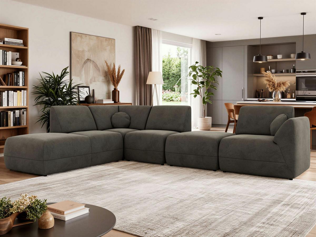 ECKSOFA NOARA 6M L Dunkelgrau Velvet - Links - Dunkelgrau/Schwarz, Kunststoff/Textil (244/355cm) - MKS