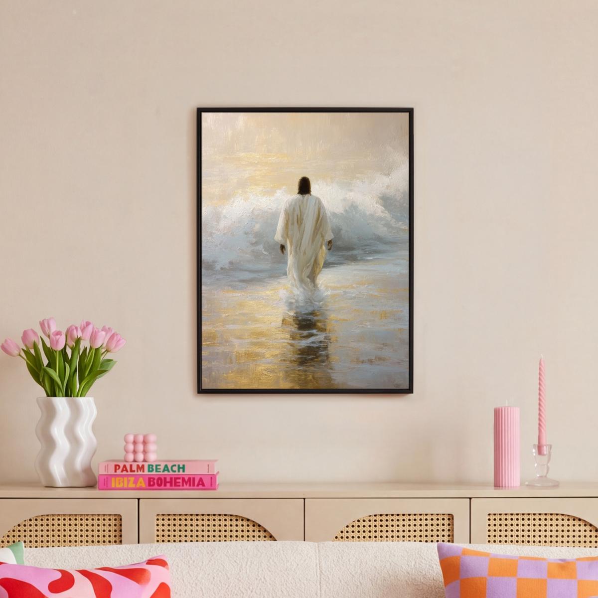 LEINWAND Bilder mit Rahmen - Gemälde - Welle - Jesus - Abstrakt - 60x80 - Goldfarben, Textil (60/80cm) - MuchoWow