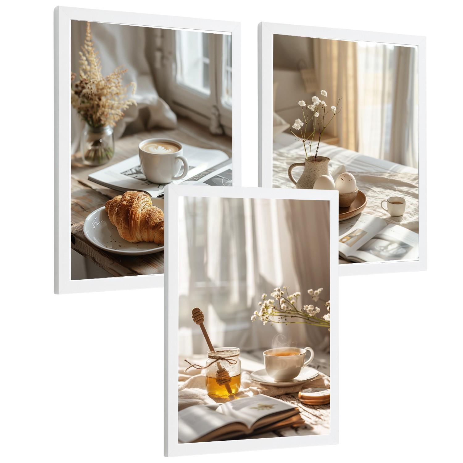 POSTER 3er Set Kaffee und Frühstück Wandbilder Croissant Honig und Tee Gemütlich Nordisch Küche Deko Weißer Rahmen A4 - Weiß, Papier (29.7/1/21cm) - Nacnic