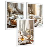 POSTER 3er Set Kaffee und Frühstück Wandbilder Croissant Honig und Tee Gemütlich Nordisch Küche Deko Weißer Rahmen A4 - Weiß, Papier (29.7/1/21cm) - Nacnic