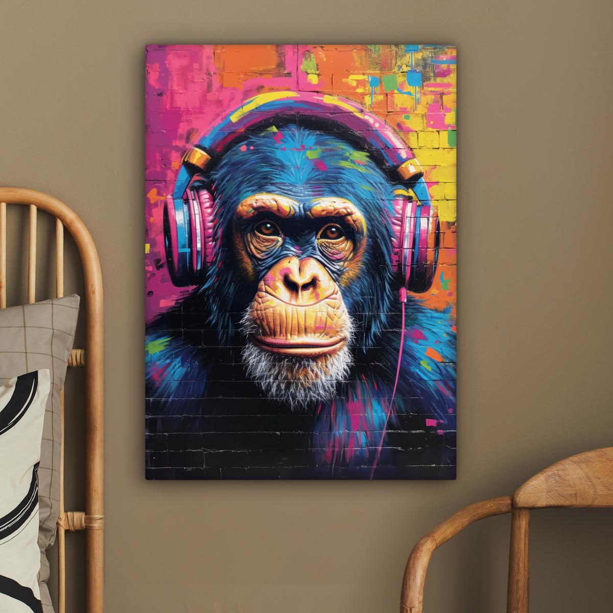 LEINWANDBILD Graffiti - Schimpanse - Straßenkunst - Kopfhörer - Affe Wandbild Wohnzimmer 60x80 cm - Blau, Textil (60/80cm) - MuchoWow
