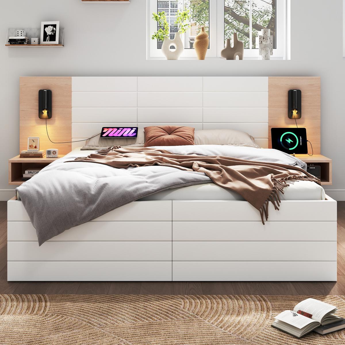 POLSTERBETT massivholz eiche & weiß 160X200 mit nachtkommoden & bettschubladen - Eichefarben/Weiß, Holzwerkstoff (160/200cm) - Urban Meuble