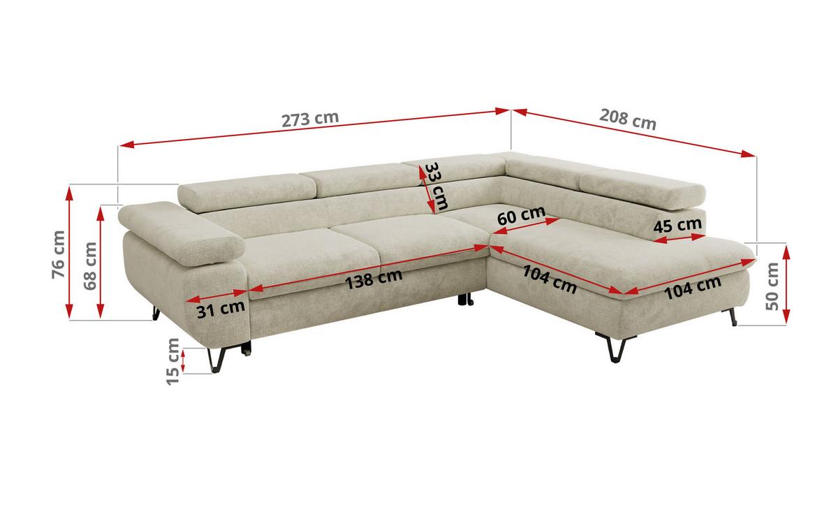 ECKSOFA PABLO L Creme Schenille grob gewebt - Links Seite - Creme/Schwarz, Textil/Metall (208/273cm) - MKS