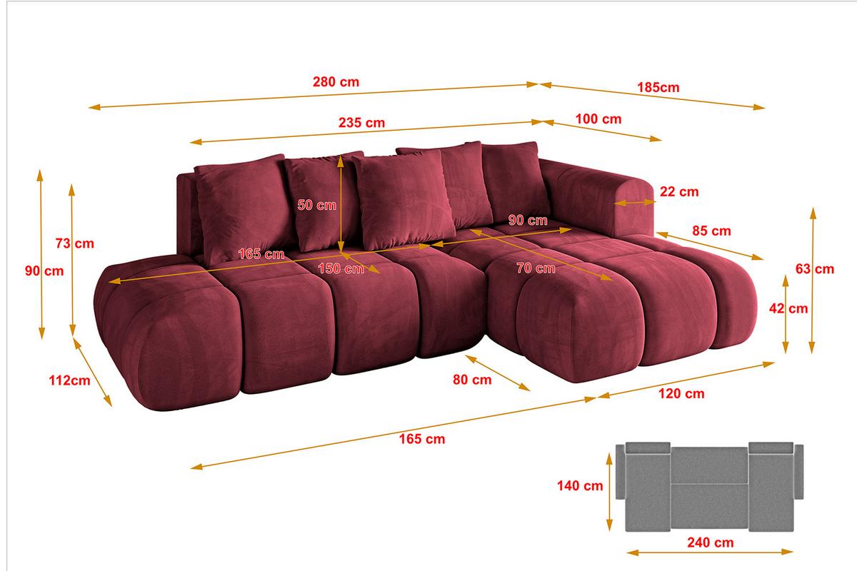 ECKSOFA Ottomane Rechts CLOUD-L-v1 280x185x90 Bordeaux Velours - Bordeaux, Holzwerkstoff/Kunststoff (185/280cm) - ALTDECOR