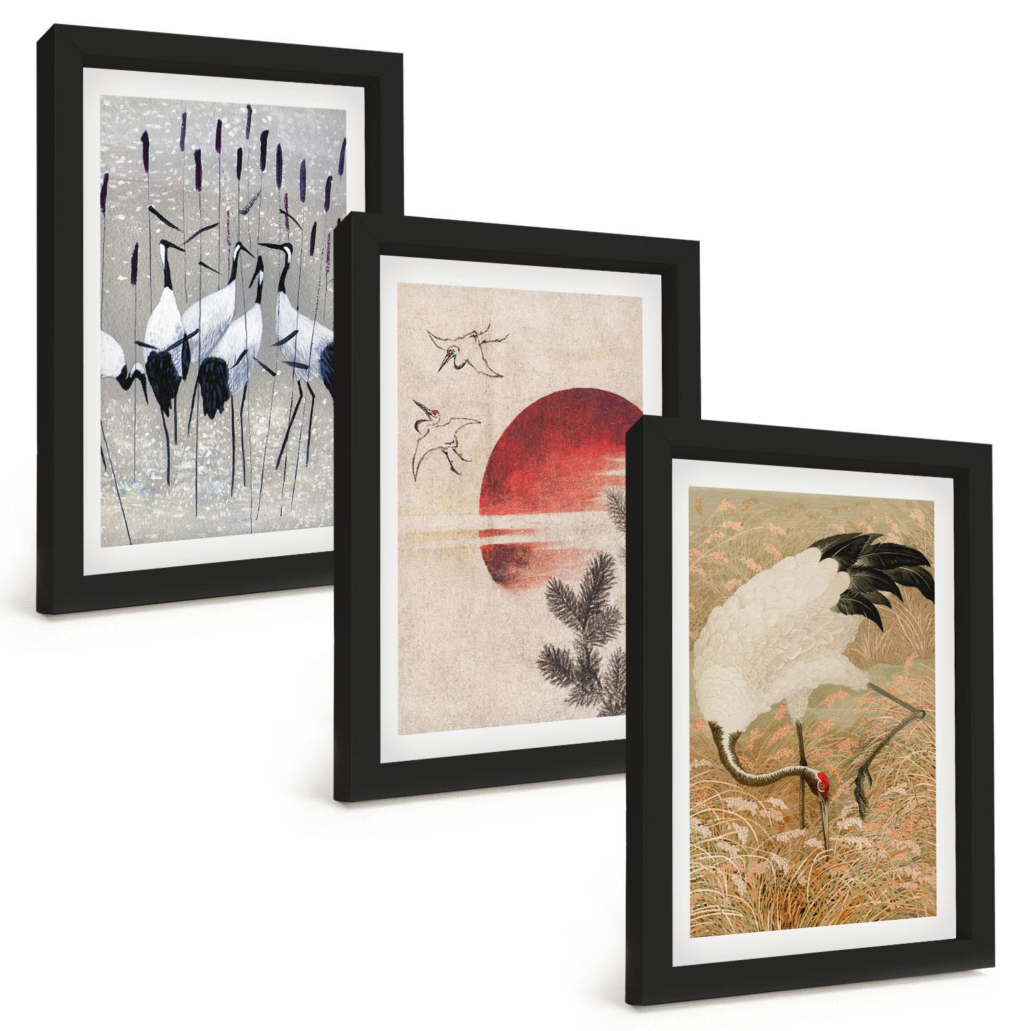 BILDER SET 3er Set - 20x30 cm Schwarzer Rahmen - Japanische Kraniche Landschaft - Schwarz, Kunststoff (20/30cm) - TULUP