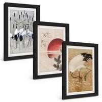 BILDER SET 3er Set - 20x30 cm Schwarzer Rahmen - Japanische Kraniche Landschaft - Schwarz, Kunststoff (20/30cm) - TULUP