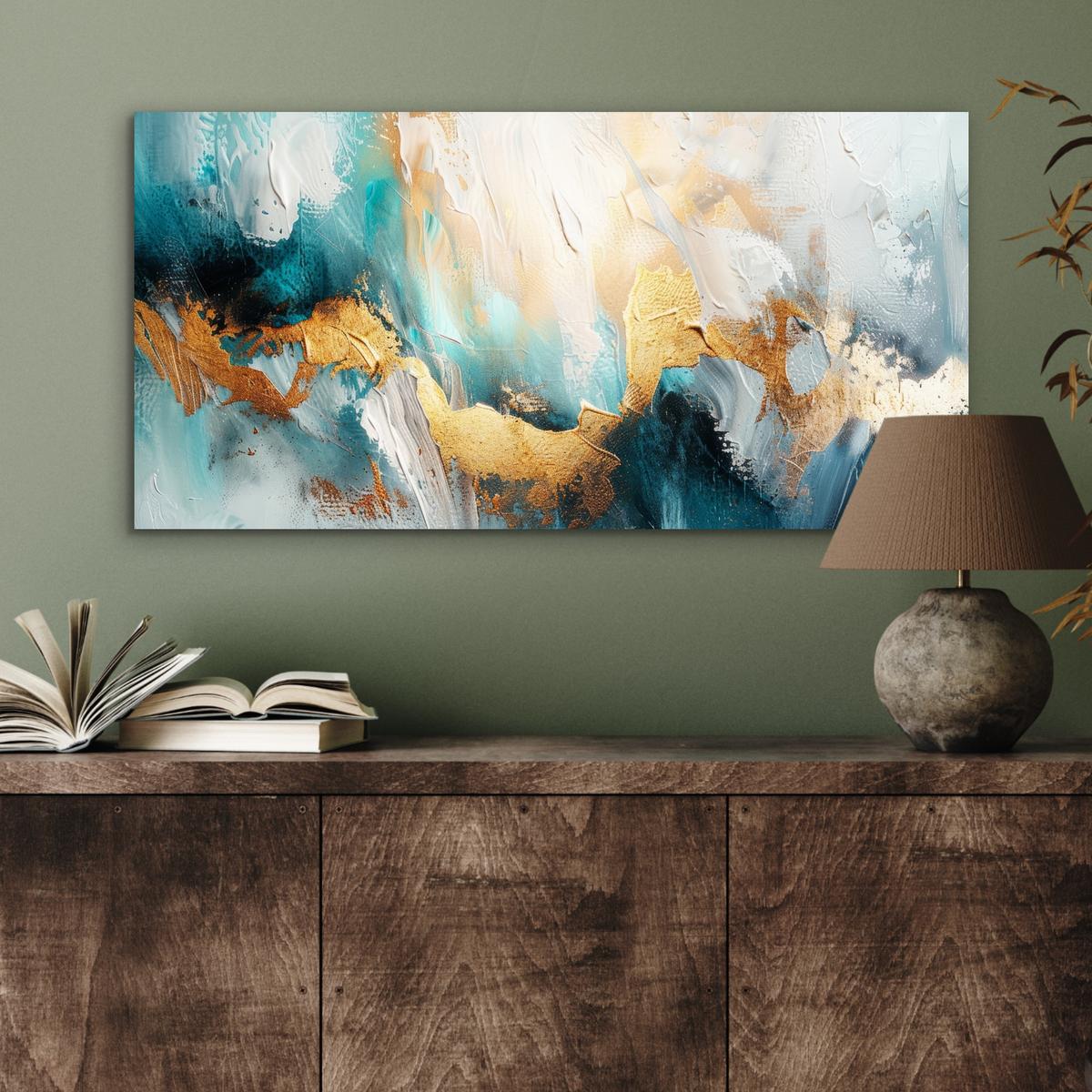 METALLBILD Abstrakt - Kunst - Gold - Blau 80x40 cm - Petrol, Metall (80/40cm) - MuchoWow