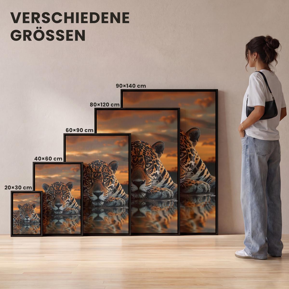LEINWAND Bilder mit Rahmen - Natur - Leopard - Tier - Sonnenuntergang - Modern - 60x90 - Orange, Textil (60/90cm) - MuchoWow
