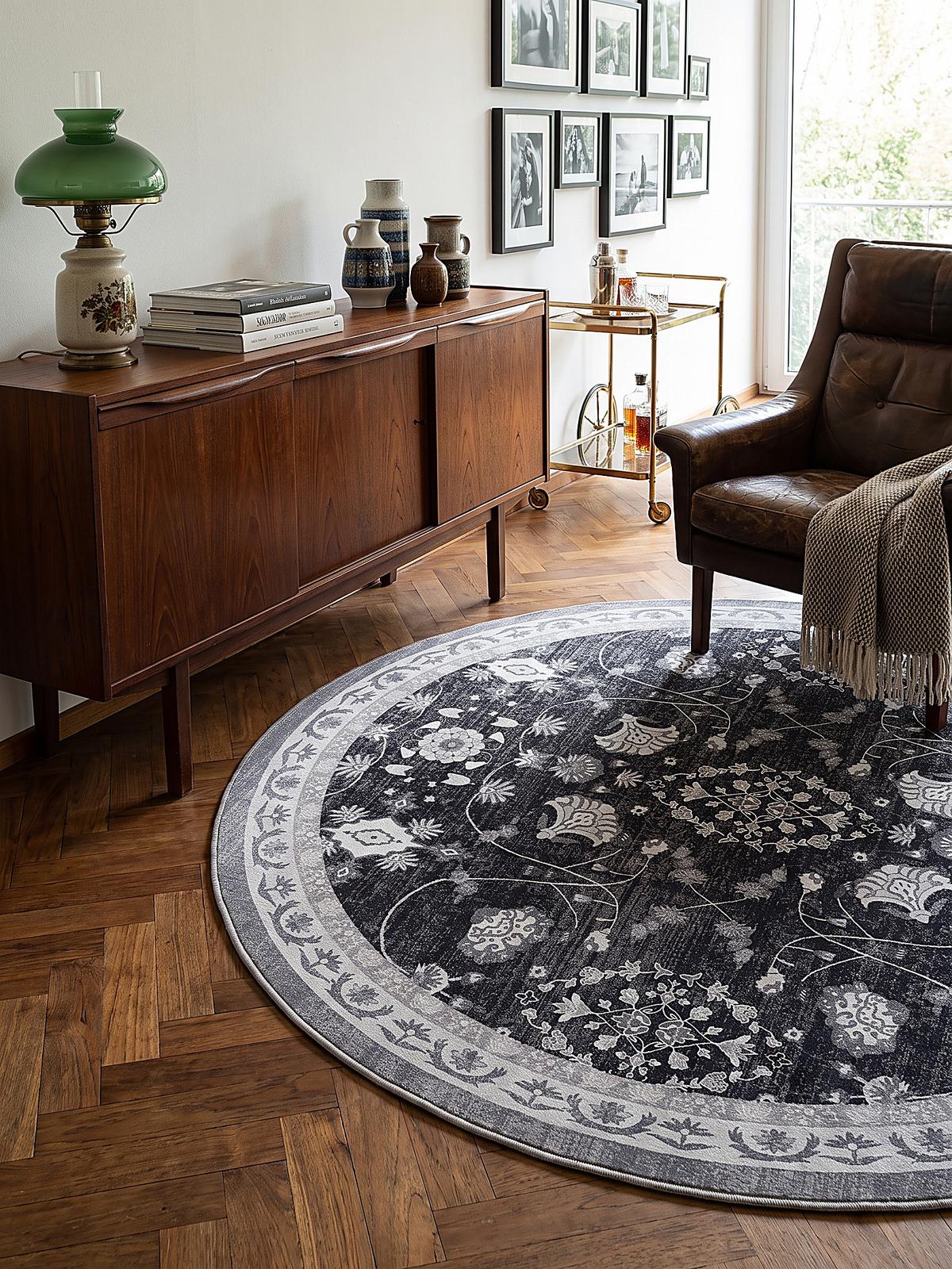 TEPPICH Kurzflor, waschbar, mit floralen Ornamenten, VERNANTE in Schwarz-Creme-Grau, Ø 120 cm - Schwarz, Textil (120/120cm) - KADIMA DESIGN
