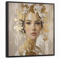 LEINWAND Bilder mit Rahmen - Gesicht - Frau - Blätter - Gold - 50x50 - Beige, Textil (50/50cm) - MuchoWow