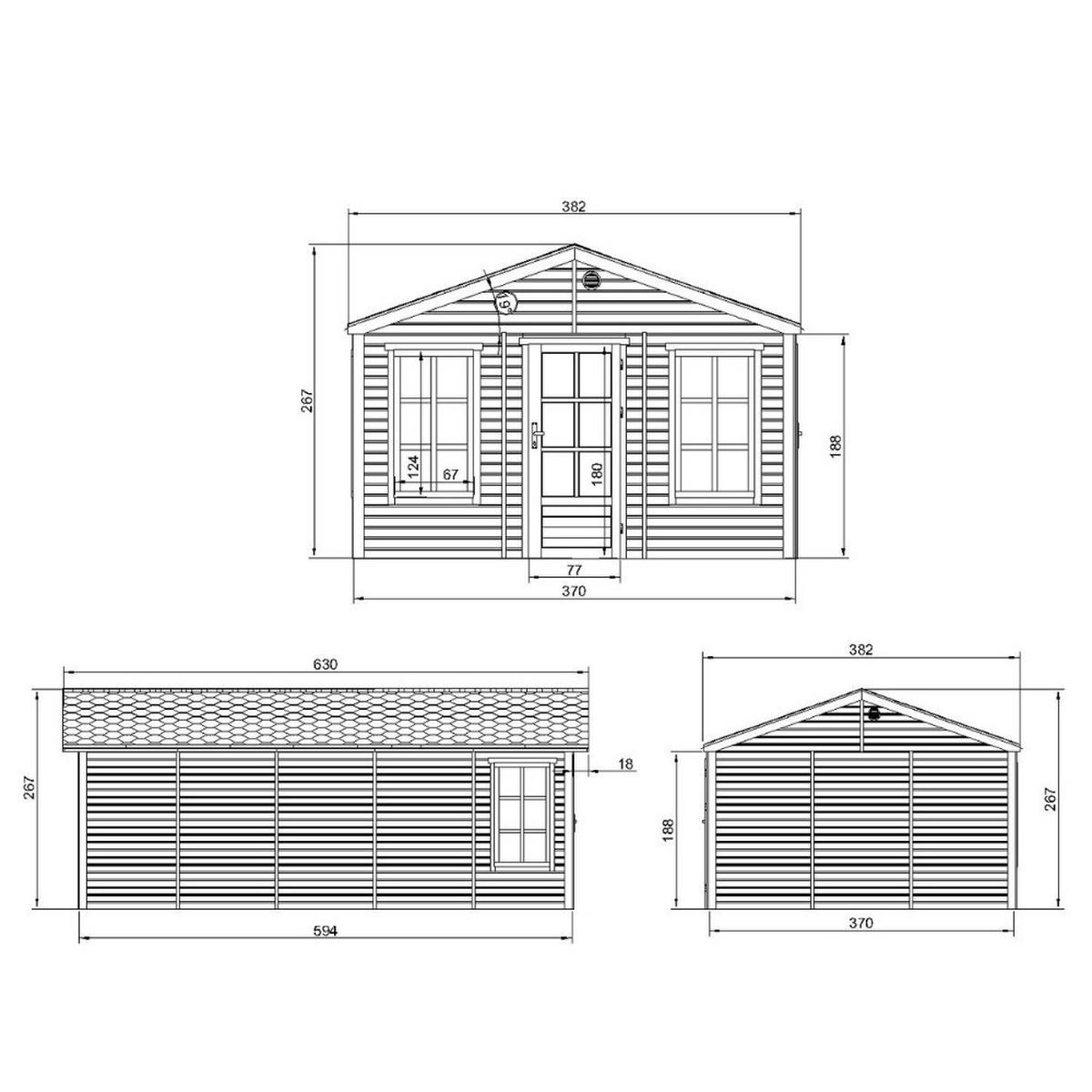 GARTENHAUS HOLZ M737 370 x 600 cm - Naturfarben, Holz (382/267/630cm) - Timbela