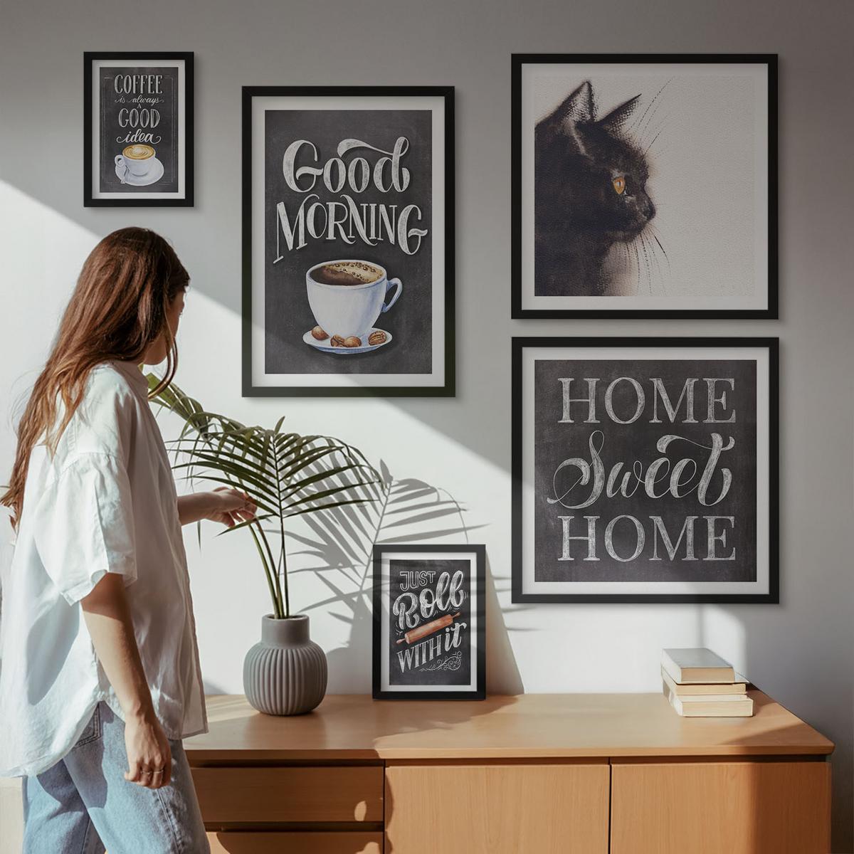 BILDER SET 5er Set - 50x50 cm & 20x30 cm & 40x60 cm Schwarzer Rahmen - Hausküchenthemen Katze - Schwarz, Kunststoff (40/60cm) - TULUP