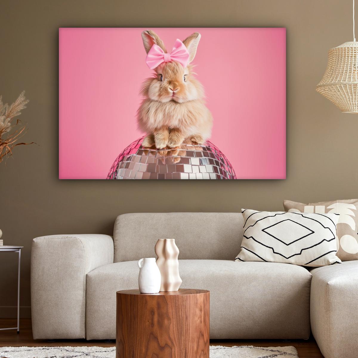 LEINWANDBILD Schleife - Discoball - Kaninchen Groß 140x90 cm - Pink, Textil (140/90cm) - MuchoWow