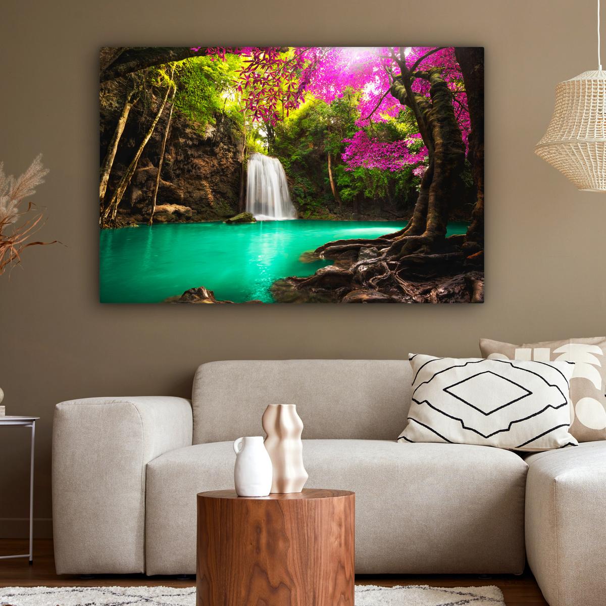 LEINWANDBILD Wasserfall mit bunten Blumen und Bäumen - Natur - Dschungel Groß 140x90 cm - Waldgrün, Textil (140/90cm) - MuchoWow