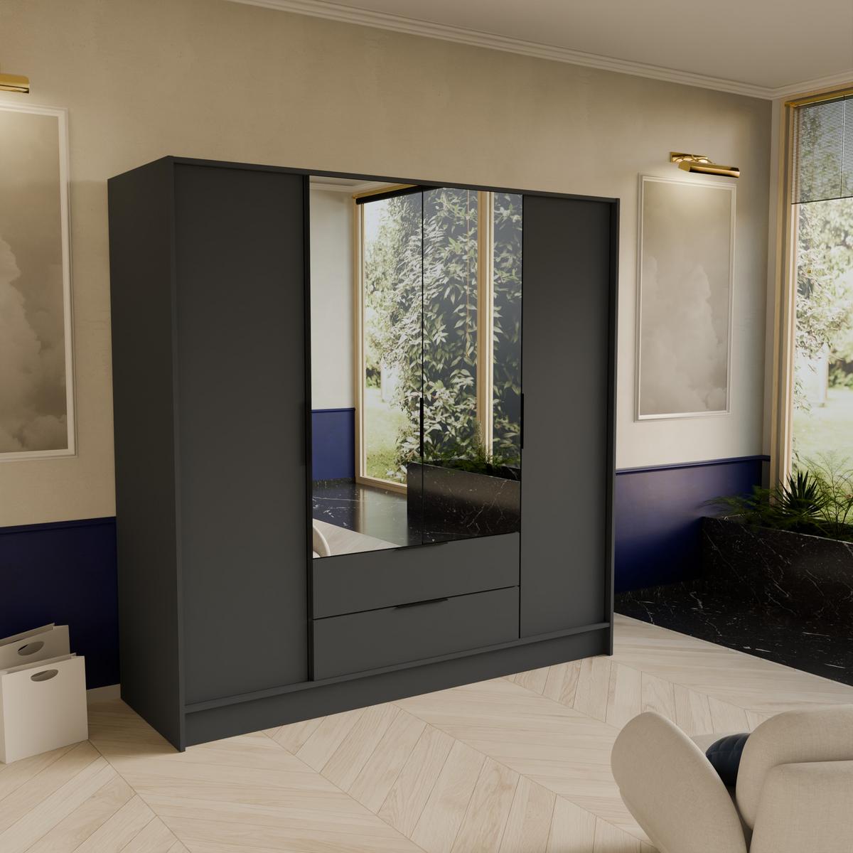DREHTÜRENSCHRANK CAVA 200/200/51 cm Modern Kleiderschrank 4-türig mit Spiegel Graphitfarben - Graphitfarben, Holzwerkstoff (200/200/51cm) - MASSENO
