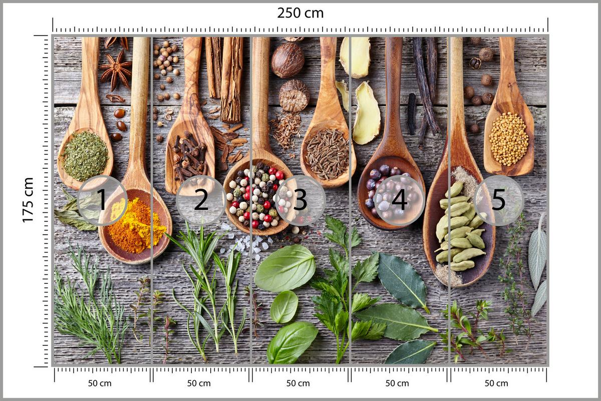 FOTOTAPETE für Küche Kräuter Gewürze Holzlöffel Tisch 250x175 - Gelb/Beige, Papier (250/175cm) - Muralo