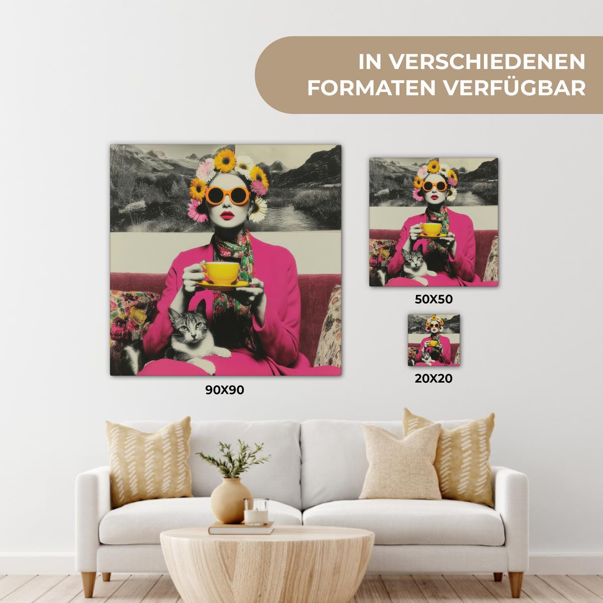 LEINWANDBILD Frau - Katze - Blumen - Tasse - Retro Deko Groß 90x90 cm - Magenta, Textil (90/90cm) - MuchoWow