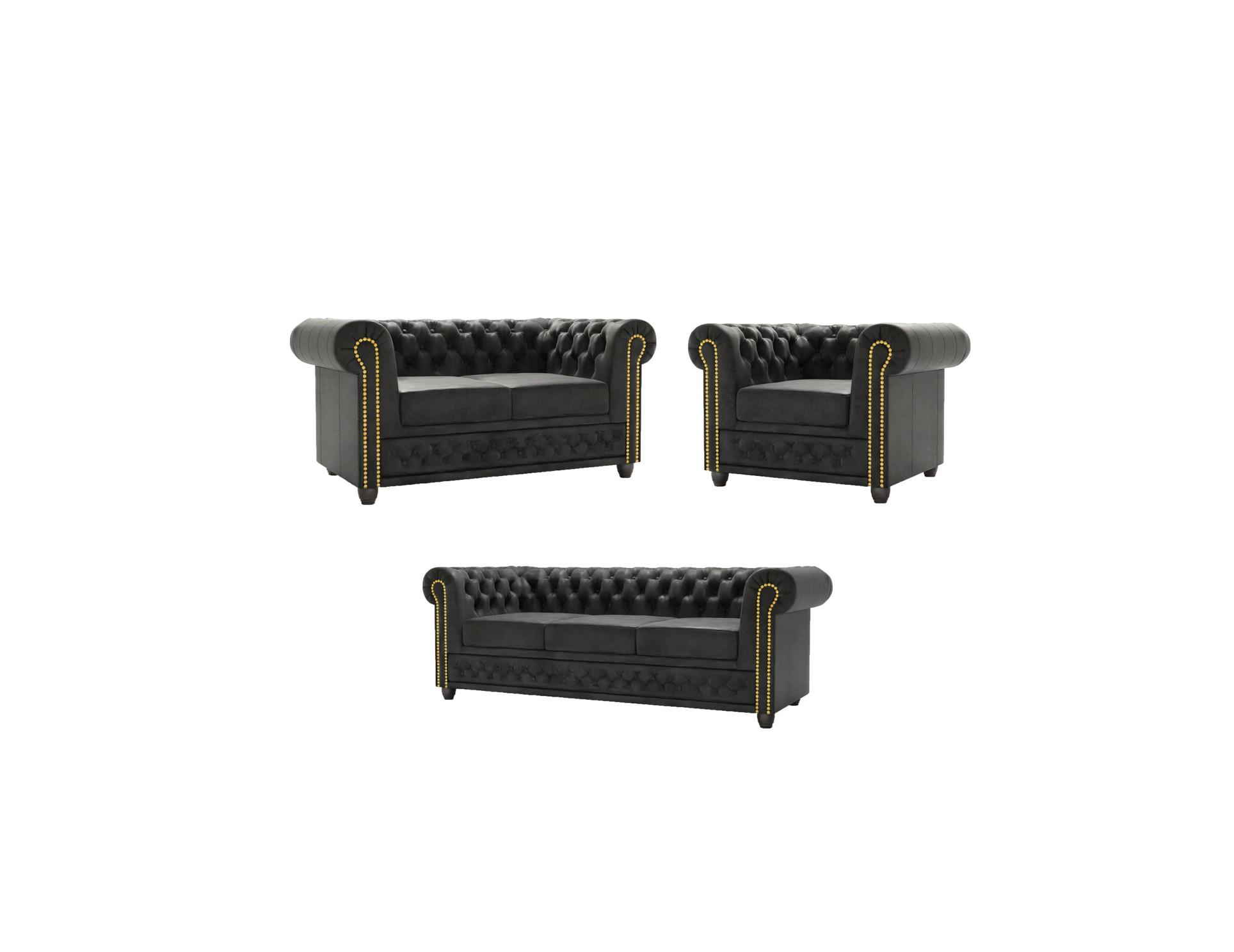 SITZGARNITUR mit Schlaffunktion 3+2+1 Chesterfield Flux Anthrazit Microfaser Vintageoptik - Anthrazit/Braun, Holz/Textil (203/72/86cm) - S-Style Möbel