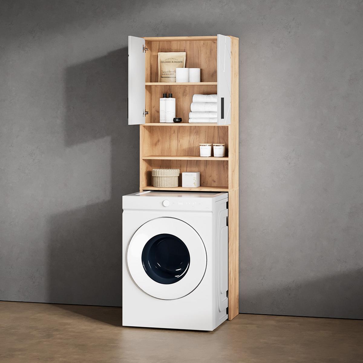 WASCHMASCHINENSCHRANK Ronco Weiß Hochglanz/Goldkraft Eiche 64 x 190.5 cm - Honigeiche/Weiß Hochglanz, Holzwerkstoff (64/190.5/26cm) - Livinity®