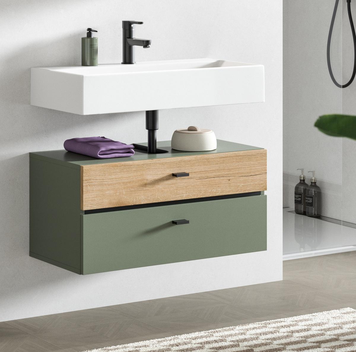 WASCHBECKENUNTERSCHRANK grün, Eiche Evoke 75 cm, Badschrank hängend - Eichefarben/Grün, Holzwerkstoff/Kunststoff (75/35/35cm) - Inn.Furn