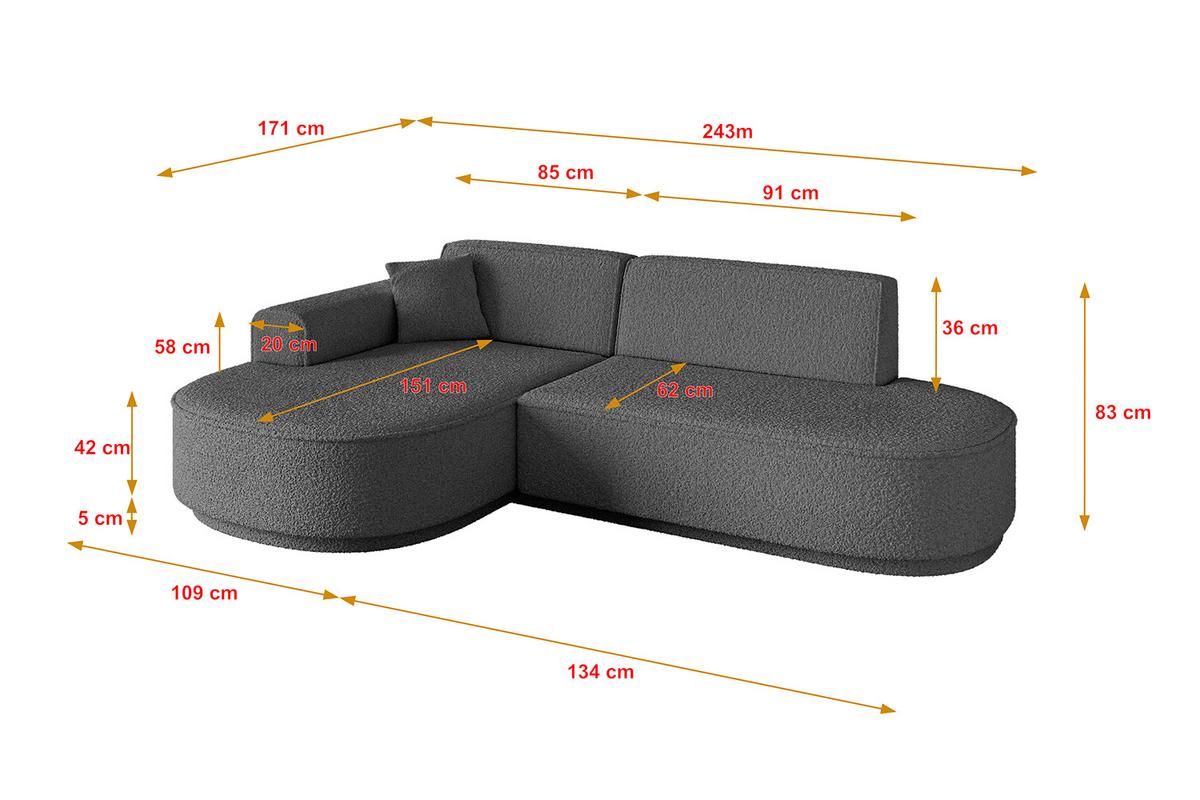 ECKSOFA Ottomane Links MARI-L1-v3 - 243x171x83 cm Grau Bouclé - Schwarz/Grau, Holzwerkstoff/Kunststoff (243/171cm) - ALTDECOR
