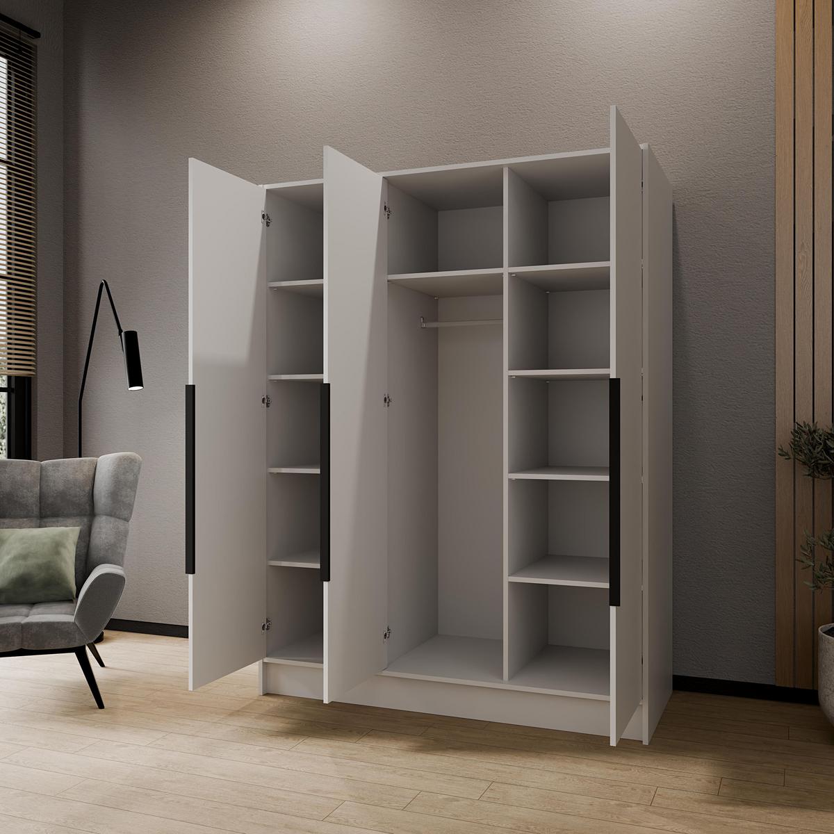 KLEIDERSCHRANK Mono Bis im Skandi-Stil, Drehtüren mit Schwarze Metallgriffe, Weiß 150/200/51 cm - Weiß, Holzwerkstoff (150/200/51cm) - WFL GROUP