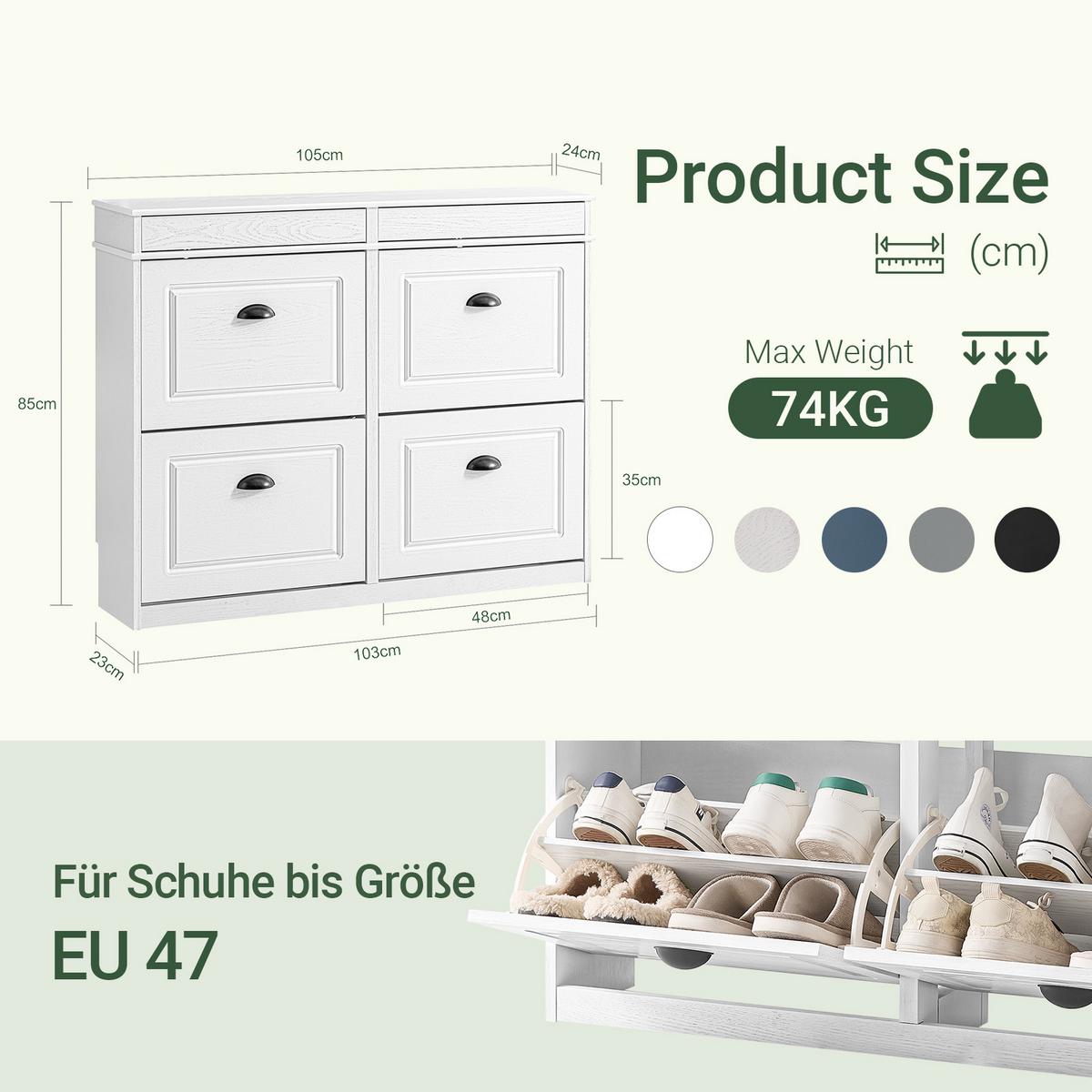 SCHUHSCHRANK weiß, 105x85x24 cm, 2 Schubladen, Retro-Holzoptik, nur 24 cm tief, Melaminharz-Beschichtung, für schmale Flure & Diele - Weiß, Holzwerkstoff (103/82/23cm) - SoBuy