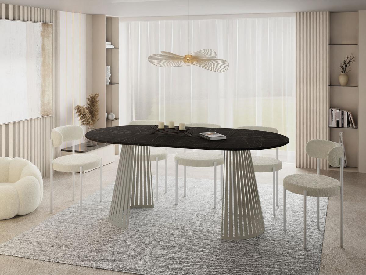 ESSTISCH Naro rund ausziehbar mit Lamellen-Metallgestell in Grau-Beige, Marmor Schwarz 100-180/100/76 cm - Kaschmir/Anthrazit, Holzwerkstoff/Metall (100/176/76cm) - WFL GROUP