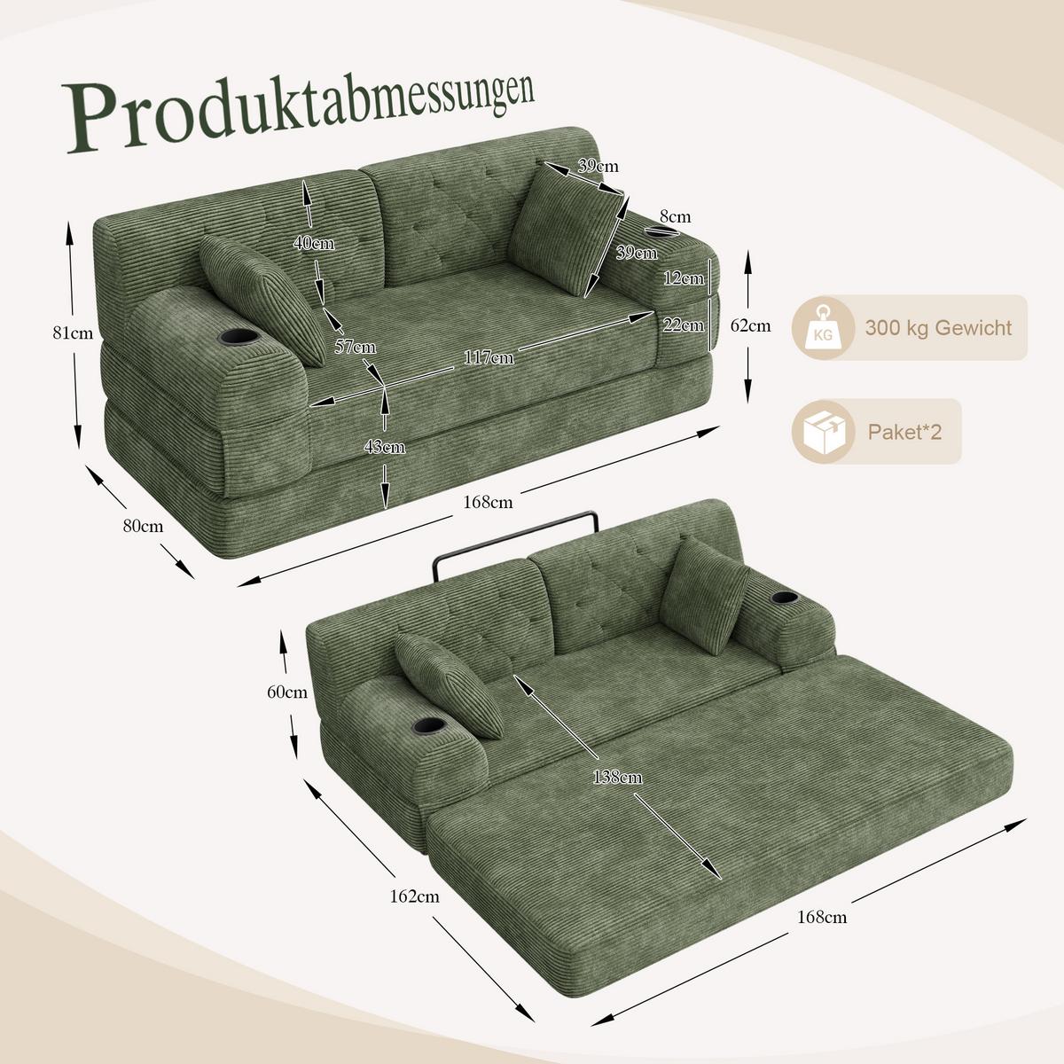 SCHLAFSOFA 2-in-1 Doppelschlafsofa Chenille Ausklappbar - Grün, Textil (168/81/80cm) - Urban Meuble