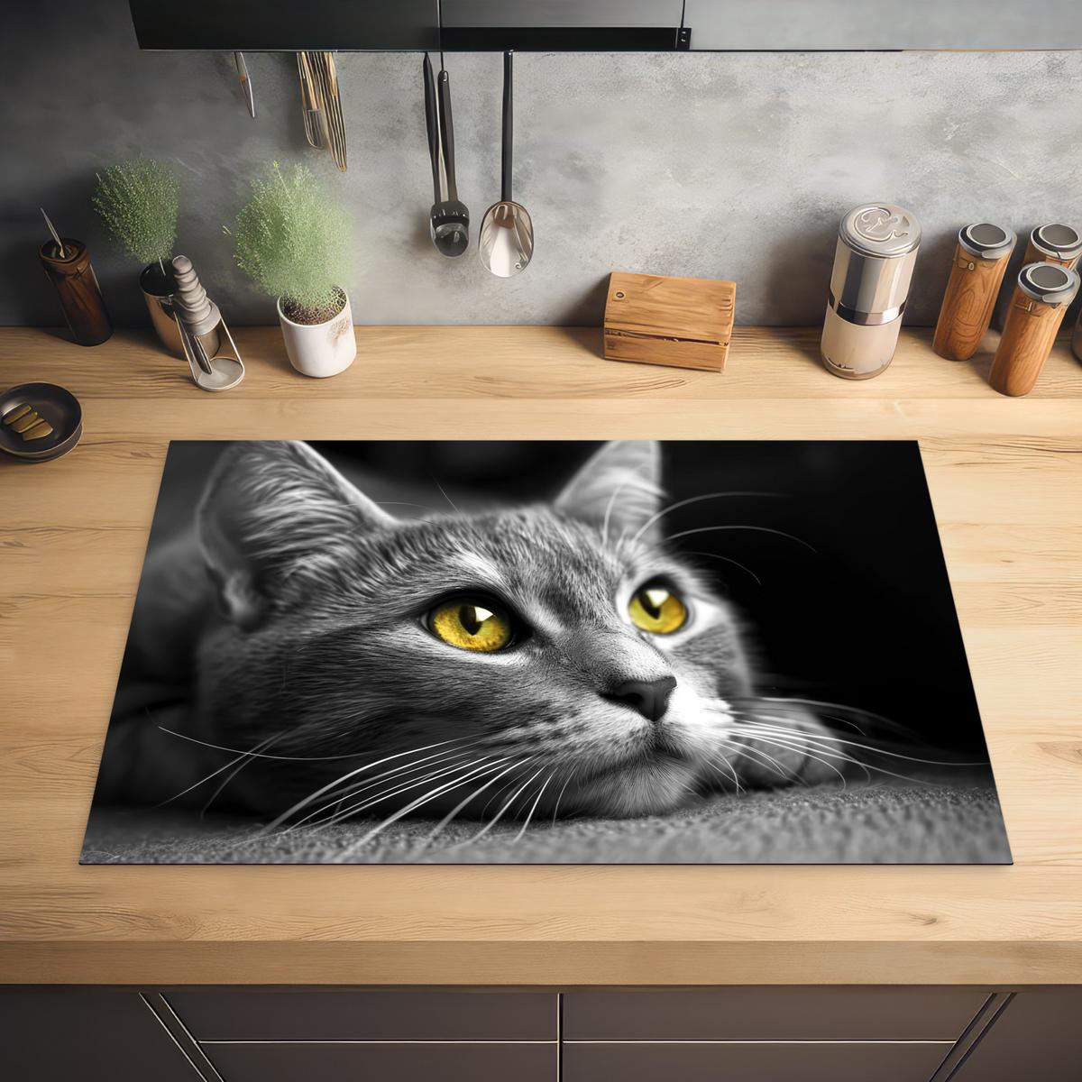 HERDABDECKPLATTE Katze - Grau - Tiere - Katze Abdeckung Ceranfeld 81.2x52 cm - Grau, Kunststoff (81.2/52/0.2cm) - MuchoWow