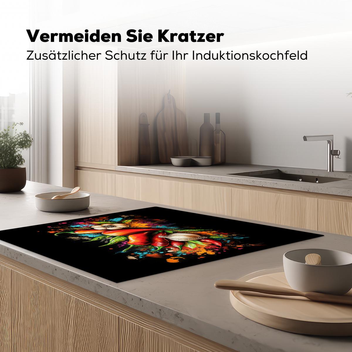 HERDABDECKPLATTE Gemüse - Paprika - Knoblauch - Graffiti - Farbe - Bunt Induktionsmatte 78x78 cm - Rot, Kunststoff (78/78/0.2cm) - MuchoWow
