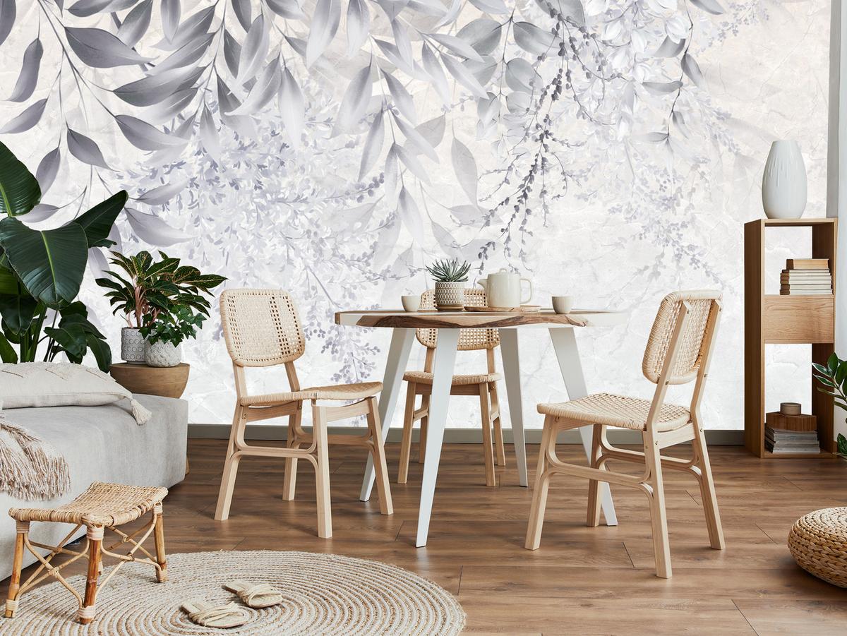 FOTOTAPETE für Schlafzimmer Subtile Rankenblätter Grau 400x280 - Weiß/Grau, Papier (400/280cm) - Muralo