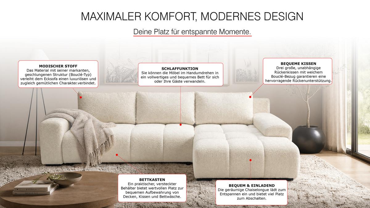 ECKSOFA Ovia mit Bettkasten und Schlaffunktion, Bouclé-Stoff in L-Form - Beige, Textil (270/185cm)