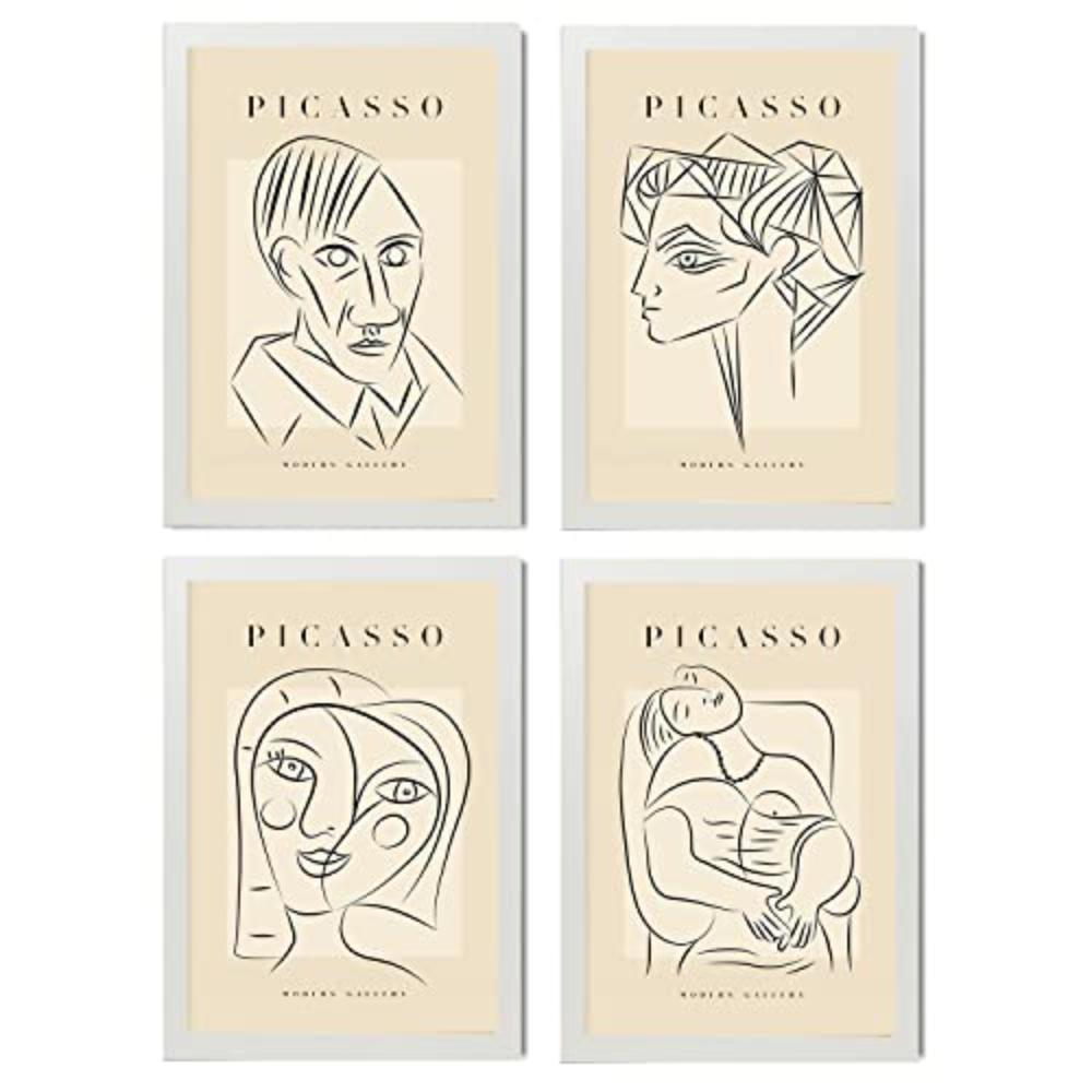 POSTER Set mit 4 PicassoSammlung von Linienporträts Ästhetische A4 Weißer Rahmen - Weiß, Papier (29.7/3cm) - Nacnic