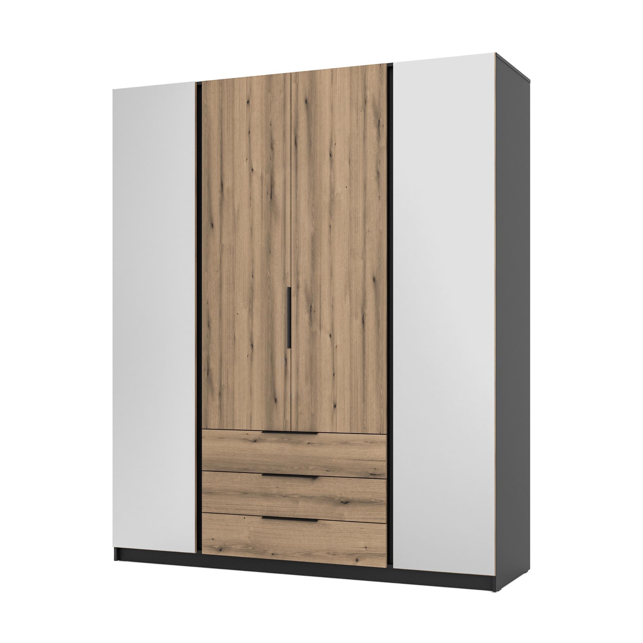 KLEIDERSCHRANK Nehir Schwarz/Eiche Evoke 200 cm - 4T3S Modern mit Schubladen und 2 Spiegeln außen - Eichefarben/Schwarz, Holzwerkstoff/Kunststoff (200/239/61.9cm) - AX Living