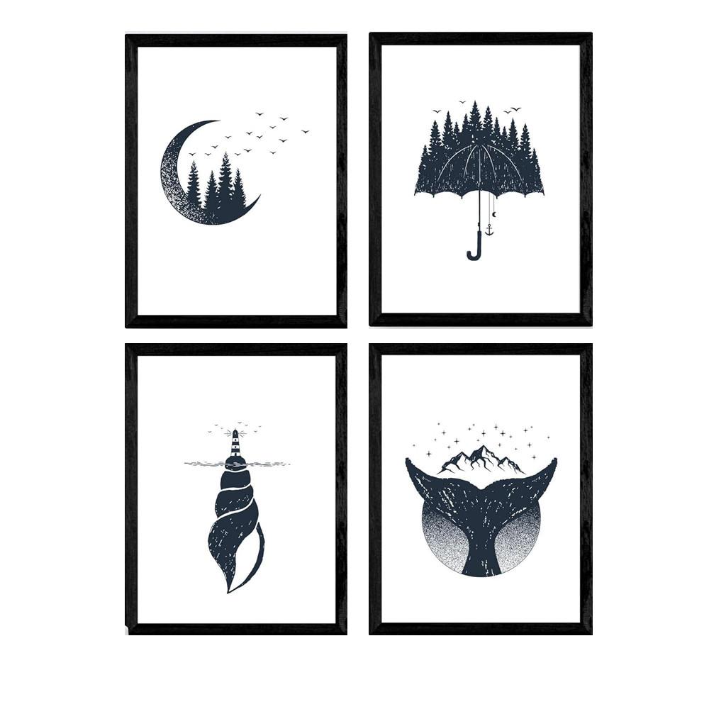 POSTER Set mit 4 Natur im nordischen Stil Wald und Meer in blauweiß A4 Rahmenlos - Klar, Papier (29.7/3cm) - Nacnic