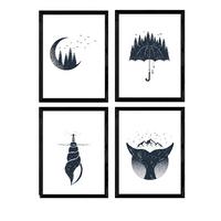 POSTER Set mit 4 Natur im nordischen Stil Wald und Meer in blauweiß A4 Rahmenlos - Klar, Papier (29.7/3cm) - Nacnic